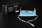SLEEVZ box of 50 magnetic disposable masks next to eyeglasses with a mask attached