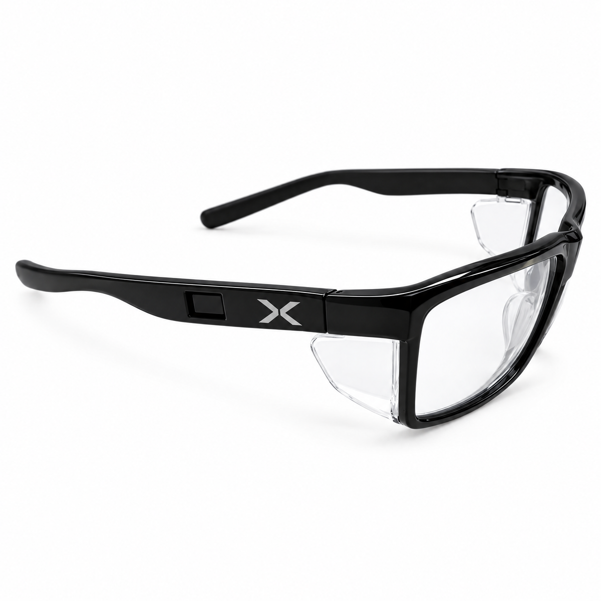 SLEEVZ X Safety Glasses, three-quarter view with X logo