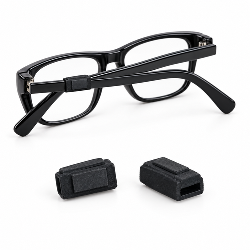 SLEEVZ Quick Connects: two loose plus one slid onto the arm of eyeglasses