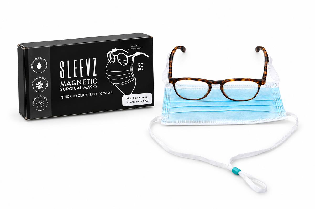 SLEEVZ box of 50 magnetic disposable masks with eyeglasses and mask on a white background